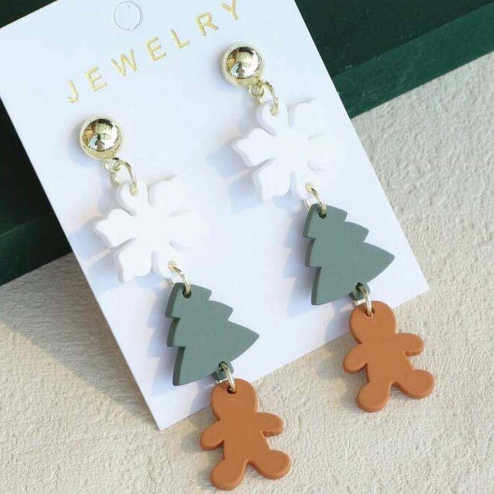 $41 Festive Holiday Dangle Snowflake Tree Gingerbread Earrings